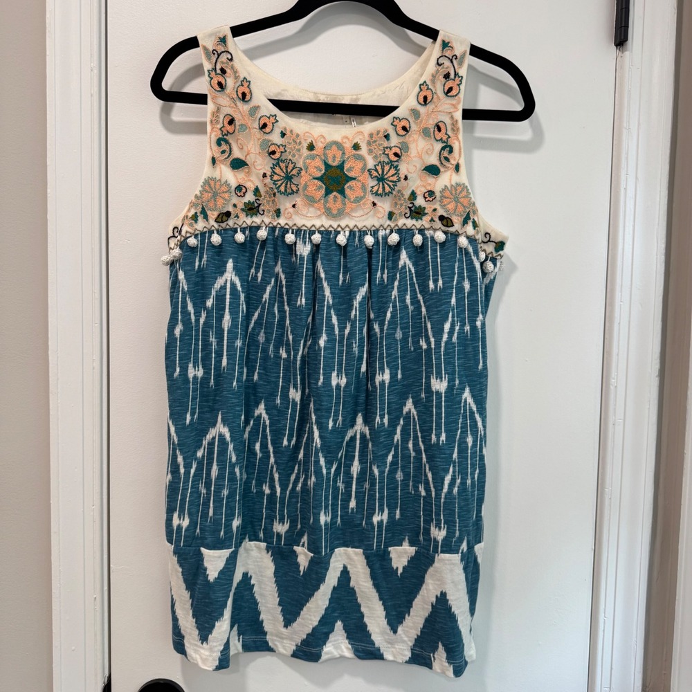 Anthropologie Floreat Cascata Embroidered Tank Pom Pom Trim Boho XS- NWT‎